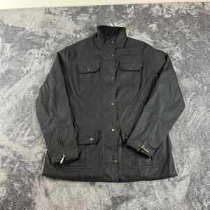 Barbour Waxed Cotton Full Zip Mock Neck Jacket Black Utility Tartan Lined 10